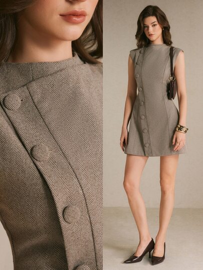 Poéselle Women's Solid Color Single-Breasted Casual Commute Mini Dress