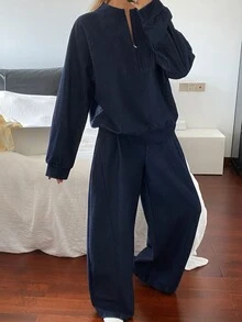 DAZY Women's Solid Color Long Sleeve Top And Long Pants Casual Daily Denim Set - Dark Wash - View 3