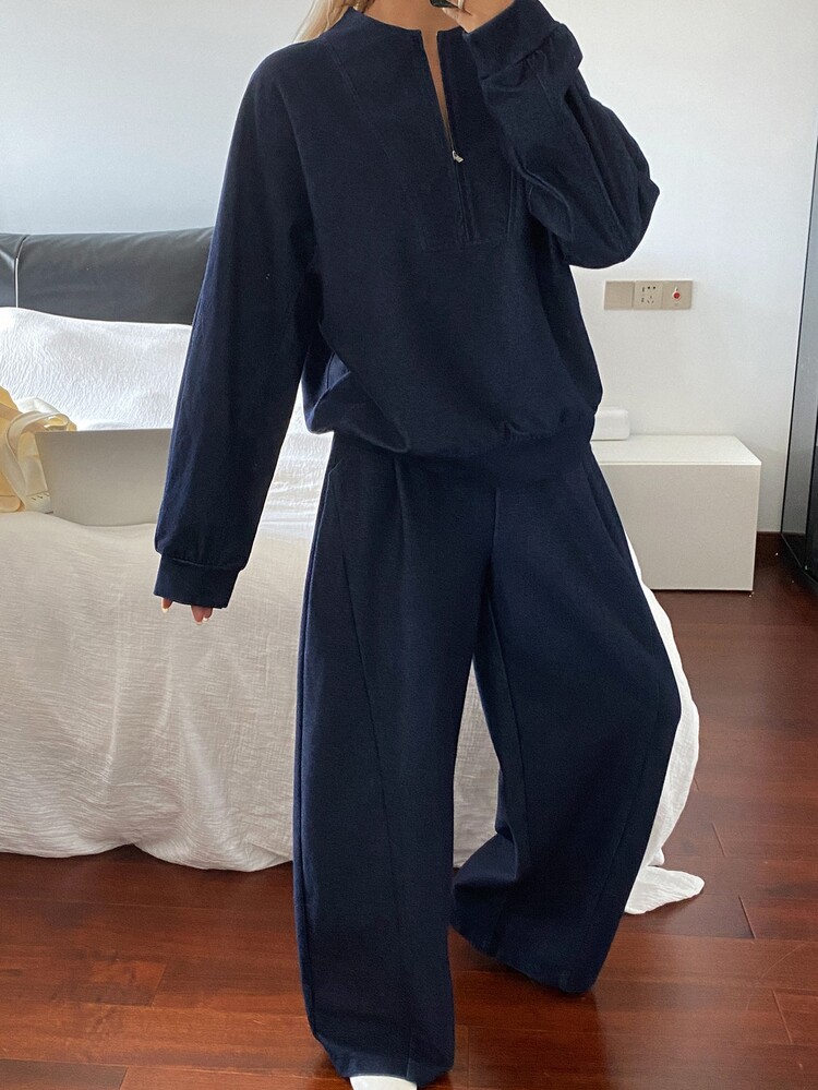 DAZY 女款純色長袖上衣與長褲休閒日常牛仔套裝 - 深色水洗藍 - 查看 3