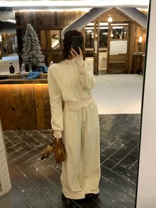 DAZY Women's Korean Style Solid Color Long Sleeve Jacket & Long Pants 2 Pieces Set, Spring/Autumn - White - View 4