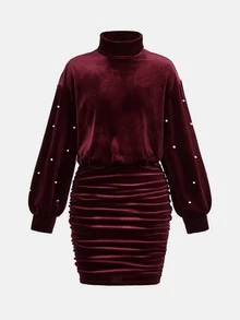 SHEIN Tween Girl Beaded Petal Kids Sleeve Waist-Cinching Snug Fit Winter Dress For Holiday Party, Dance, Casual And Daily Wear Autumn Tween Girl - Red - View 5