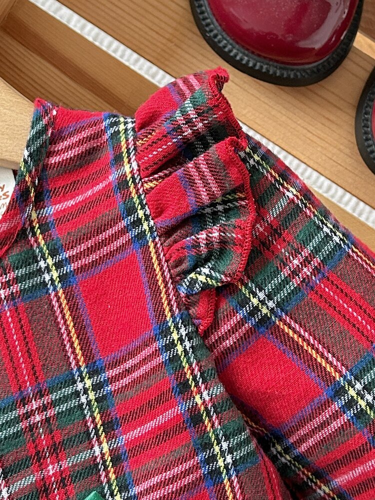 Cozy Pixies Baby Girl Woven Plaid Round Neck 3D Bow Ruffle Trim Mesh Patchwork Casual Dress - Multicolor - View 5
