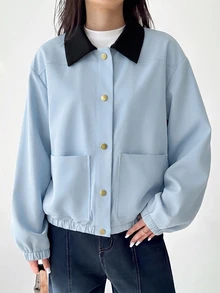 Aloruh Women's Solid Color Long Sleeve Single-Breasted Casual Jacket - Baby Blue - View 7