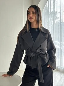 Aloruh 女款純色翻領長袖雙排扣 Xiu'x 風衣外套 - 灰色 - 查看 8