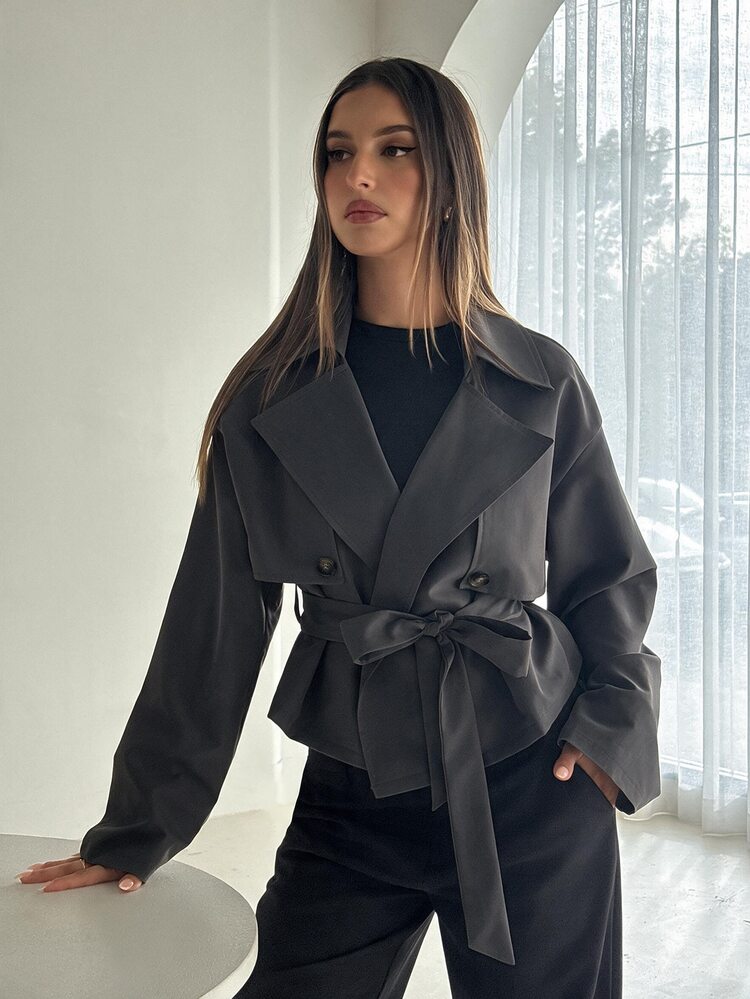 Aloruh Women's Solid Color Lapel Neck Long Sleeve Double-Breasted Xiu'x Trench Coat Jacket - Grey - View 8
