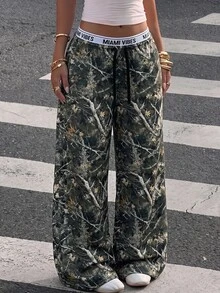 SHEIN 青少年女孩秋季時尚街頭風樹枝迷彩印花針織中低腰長褲 - 彩色 - 查看 1