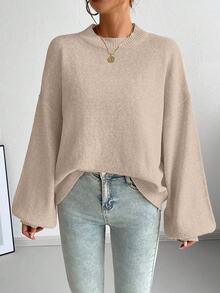 SHEIN 秋冬法式慵懶圓領寬鬆休閒百搭長袖針織毛衣 - 米色 - 查看 3