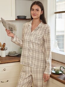 Doze Lane Plaid Gray & Coffee Bubble Texture Lapel Long Sleeve Pants Casual Women's Pajama Set - Multicolor - View 5