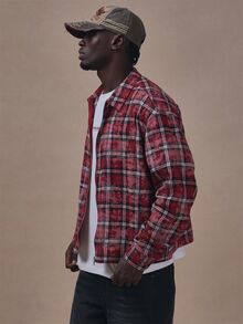 Musero Boxy Fit Acid Wash Check Zip Up Collared Shirt Autum Winter Essentials - Burgundy - View 3