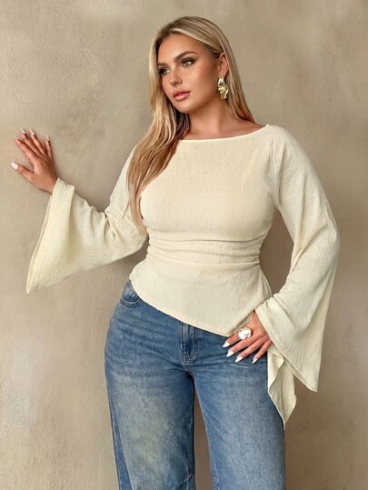 Auralis Round Neck Cinched Waist Asymmetrical Hem Flare Long Sleeve Plus Size T-Shirt / Apricot Textured Elastic Jacquard