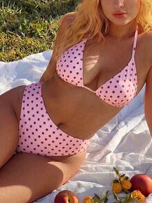 Swim Mod Plus Size Women 2pcs Pink Polka Dot Print Sexy Tummy Control Swimsuit Set - Multicolor - View 6