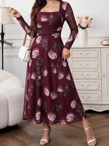 Amorya 女款花卉印花方領長袖優雅洋裝 - 酒紅色 - 查看 5