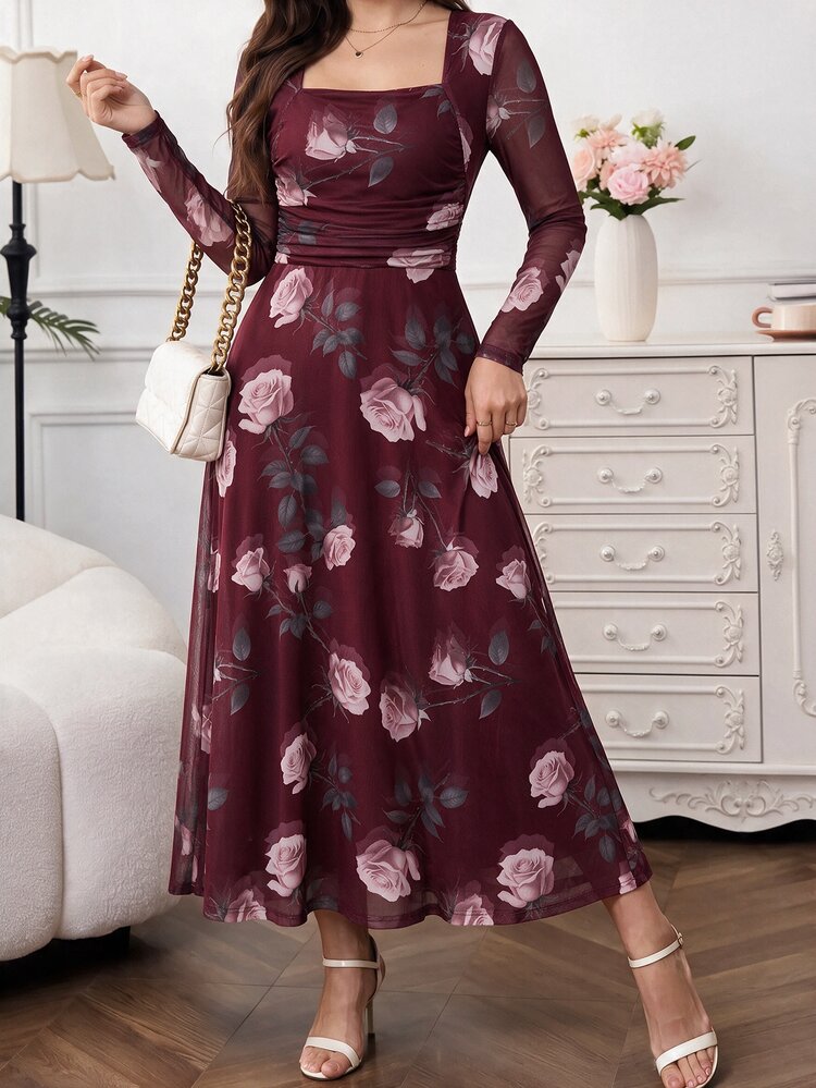Amorya Women's Floral Print Square Neck Long Sleeve Elegant Dress - Burgundy - View 5