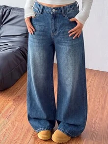 SHEIN Celana Jeans Anak Perempuan Gaya Kasual Y2K Biru Longgar dan Nyaman, Sederhana dan Mendasar - Biru - View 5