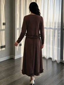 Modelyn Women's Autumn/Winter Coffee Color Pleated Knit Frill Trim Long Sleeve Maxi Dress 2 Pieces Set - Coffee Brown - View 2