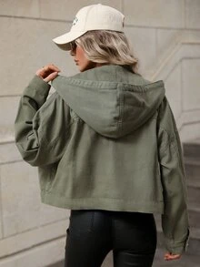 SHEIN Frenchy Plus Size Women's Long Sleeve Hooded Fashion Loose Casual Denim Jacket - Army Green - View 2