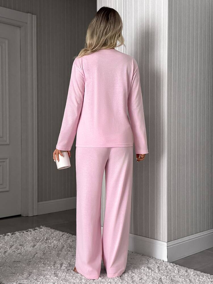 SHEIN Women's Morning Mood Coffee Graphic Long Sleeve Top & Pants Pajama Set - Pink - View 2