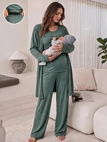 Slowluna Conjunto de maternidad de unicolor con top sin mangas, pantalones y chaqueta para lactancia, otoño - Verde - Ver 10