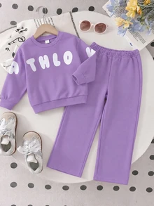 SHEIN 熱銷新款紫色蝴蝶結女童運動休閒套裝 4-7歲，2025秋季 INS 風格 2件式運動衫與運動長褲 - 紫色 - 查看 3