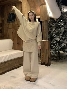 DAZY Women's Round Neck Long Sleeve Korean Style Elegant Sweater 2 Pieces Set - Khaki - View 3