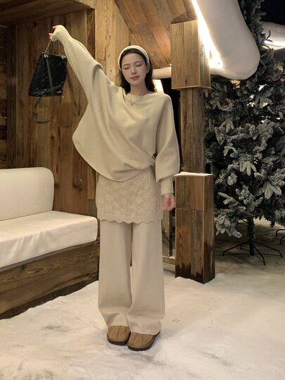 DAZY Women's Round Neck Long Sleeve Korean Style Elegant Sweater 2 Pieces Set