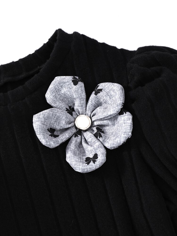 SHEIN Tween Girls Puff Long Sleeve Flower Top And Bow Print Shorts Two Pieces Set - Multicolor - View 8
