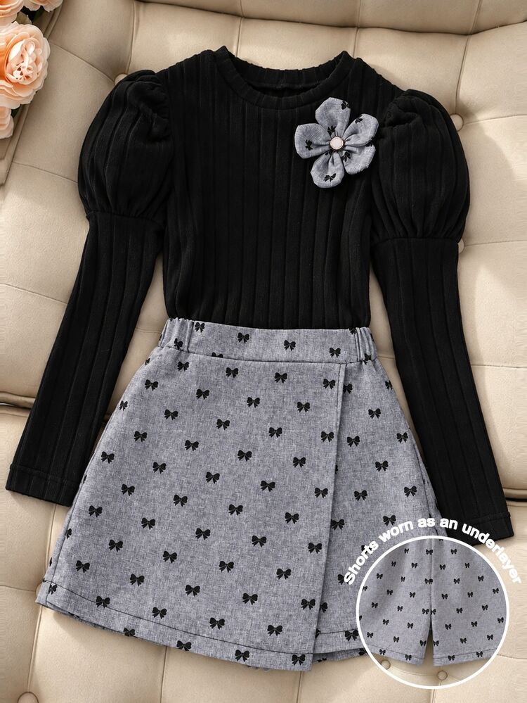 SHEIN Tween Girls Puff Long Sleeve Flower Top And Bow Print Shorts Two Pieces Set - Multicolor - View 7