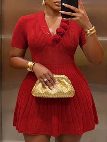 Slaydiva Plus Size VNeck Ruffle Hem Knit Mini Dress, Short Sleeve Slim Fit Party Dress - Red - View 10