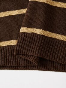 SHEIN Fall Daily Style V Neck Two Tone Stripe Drop Shoulder Knit Top - Coffee Brown - View 8