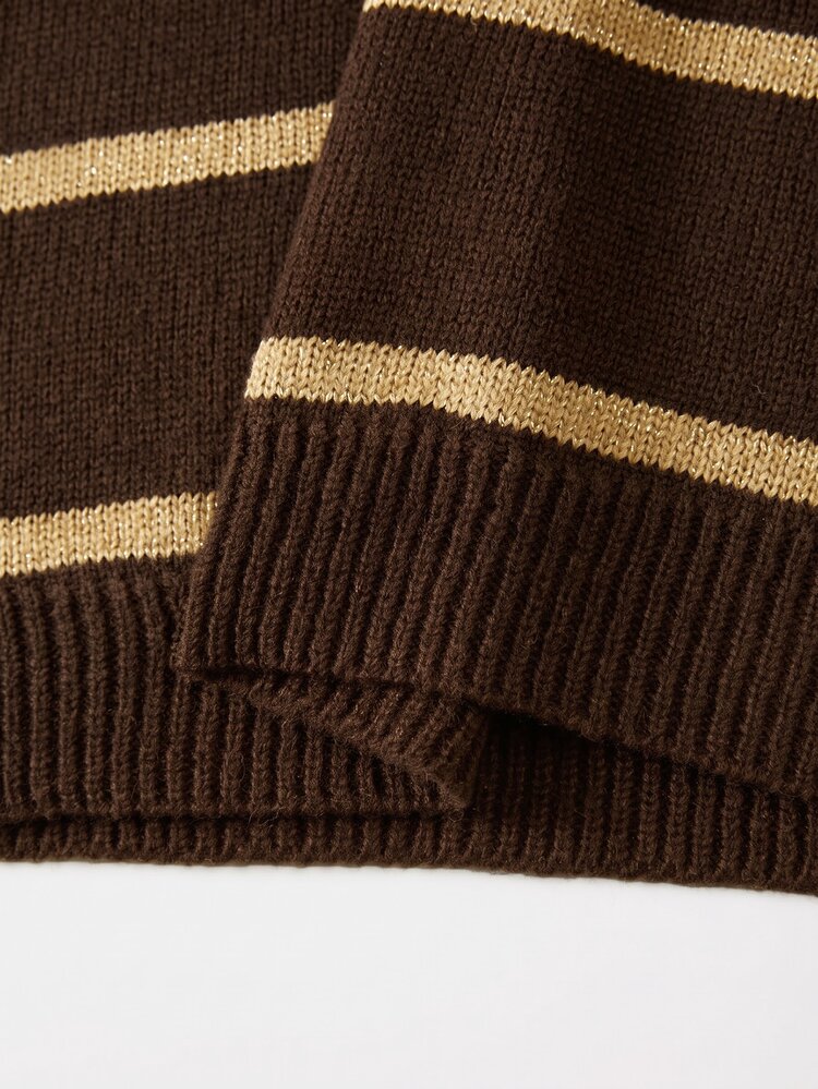 SHEIN Fall Daily Style V Neck Two Tone Stripe Drop Shoulder Knit Top - Coffee Brown - View 8