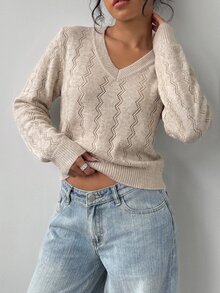 SHEIN BASICS ملابس علوية محبوكة بقصة عادية وأكمام طويلة وياقة على شكل حرف V - رمادي فاتح - مشاهدة 4