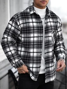 Manfinity CasualCool 男士長袖單排扣格紋襯衫外套，正式款 - 黑與白 - 查看 1