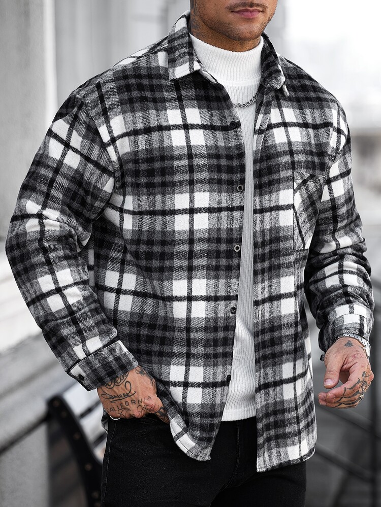 Manfinity CasualCool قميص جاكيت رجالي بأكمام طويلة وفتحة صدر أحادية الصدر بنقشة مربعات، رسمي - أبيض وأسود - مشاهدة 1