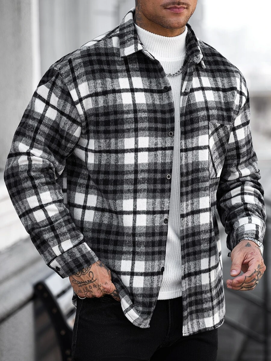 Manfinity CasualCool 男士長袖單排扣格紋襯衫外套,正式款 - 黑與白 - 查看 1