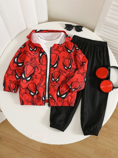 SHEIN 2pcs/Set Kids Young Boy Autumn/Winter Casual Jacket And Pants Set, Jacket Set, Boys Set, Autumn/Winter Set, Sports Set, Red Set