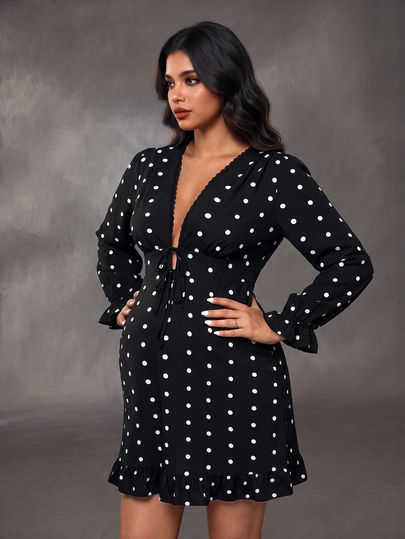 Cheriluna Maternity Plus Size Maternity Dress Elegant Casual Ruffle Long Sleeve Deep V-Neck Front Bowknot A-Line Hem Ruffle Black Polka Dot Dress