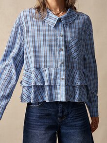 Bohemela Women's Plaid Long Sleeve Single-Breasted Pocket Ruffle Hem Casual Shirt - Blue - View 3