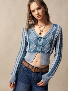 Bohemela Fall/Winter,Women's Washed V-Neck Long Sleeve Mixed Blue Wool Twisted Rope Chinese Knot Knit Cardigan,Twist Special Dye Technique,Frog Toggle Button - Blue and White - View 3