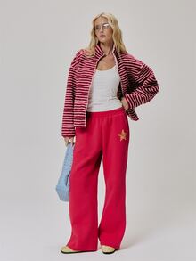 MUSERA Borg Fleece Stripey High Neck Zip Through Jacket Cute Daily Vintage Y2K Back To School Primary - Red - View 3