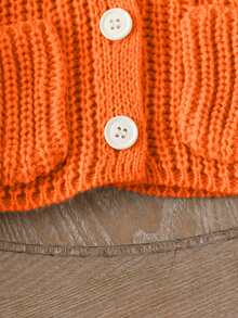SHEIN 1pc Baby Girls' V-Neck Sweater,Light Beige,Autumn,Cute,Family Matching Knit Cardigan Jacket With Symmetrical Pockets,Ruffle Hem,Ribbed Cuffs,Soft Knit - Orange - View 4
