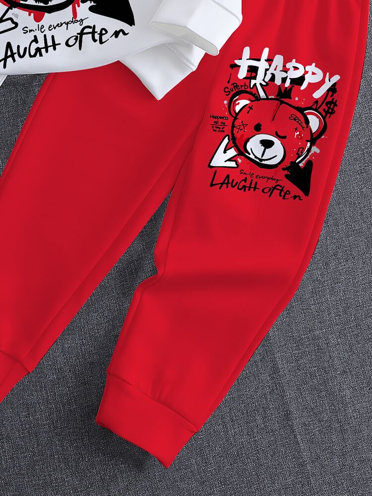 1 Set Boys' New Autumn Casual Handsome Long Sleeve Crew Neck Sweatshirt & Long Pants 2 Pieces Outfit, Personalized Graffiti Bear Print, White & Red Color Block Eye-Catching Design, New Boys' Clothing, Versatile For School, Outings, Home, Summer Mix & Match, Create Atmospheric Spring/Autumn Look, Great For Photography, All-Occasion Holiday & Daily Wear - Multicolor - View 4