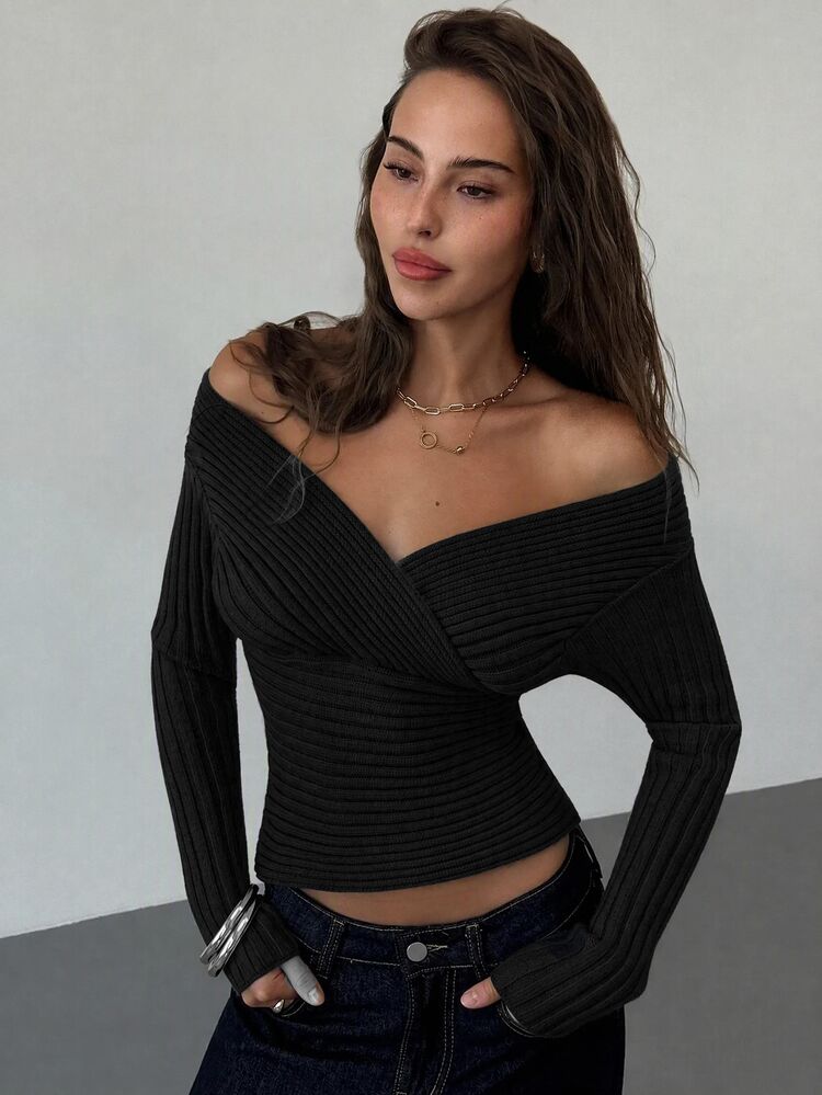 Aloruh Women's New Autumn/Winter Knit Sweater, Off Shoulder Vintage Ribbed Fitted Long Sleeve Pullover,Fall Night Out Teal Blue - Navy Blue - View 4