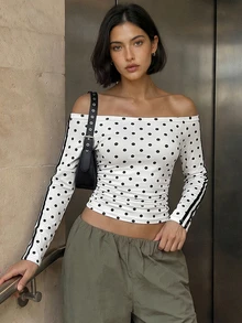 Seusyu Women's White Polka Dot Cold Shoulder Long Sleeve Crop Top, Side Striped Ruched Fitted Tee For Streetwear Date Halloween Christmas - Apricot - View 1