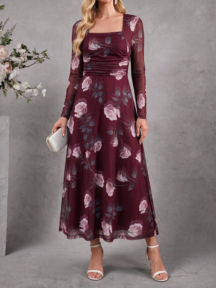 Amorya Women's Floral Print Square Neck Long Sleeve Elegant Dress - Burgundy - View 7