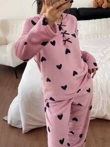 Napfluff Women's Autumn/Winter Plush Heart Print Long Sleeve & Long Pants Loungewear Set - Dusty Pink - View 5