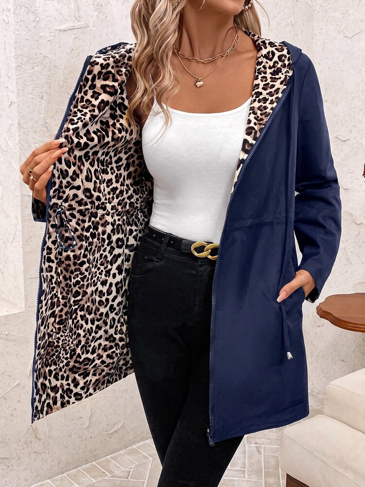 SHEIN Clasi Leopard Reversible Hooded Jacket For Women, Autumn Road Trip Going Out Black And White Leopard Print Streetwear Casual - Navy Blue - View 1