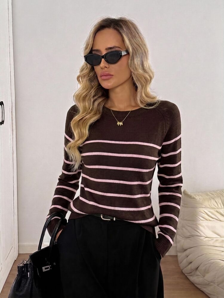 Easowa Autumn/Winter Warm Back To School Collegiate Style Casual White And Black Striped Long Sleeve Sweater For Women Office Brunch - Brown - View 1