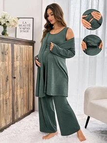 Slowluna Conjunto de maternidad de unicolor con top sin mangas, pantalones y chaqueta para lactancia, otoño - Verde - Ver 7