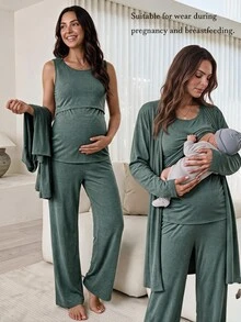 Slowluna Conjunto de maternidad de unicolor con top sin mangas, pantalones y chaqueta para lactancia, otoño - Verde - Ver 5