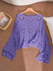 CosyJoli Plus Size Solid Color Hollow Knit Sweater Fall - Purple - View 3